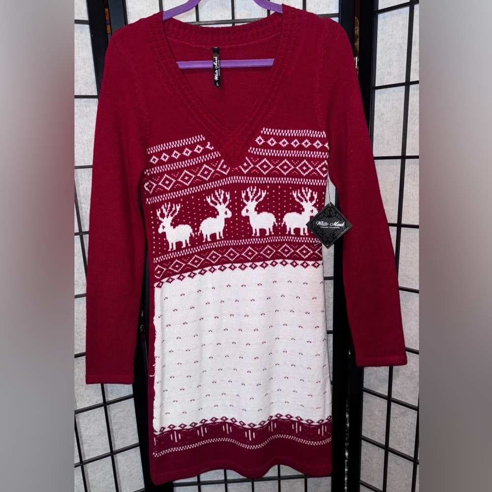 White Mark Red and White V-Neck Sweater Dress